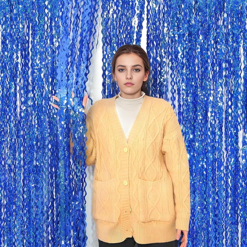 KEEUH 4 Pack 3.3 ft x 6.6 Wavy Sparkle Dark Blue Foil Fringe Backdrop Curtain - Navy Blue Streamer Backdrop Tinsel Curtains for Door Streamers Ocean Birthday Party Decorations Disco Party - Image 5